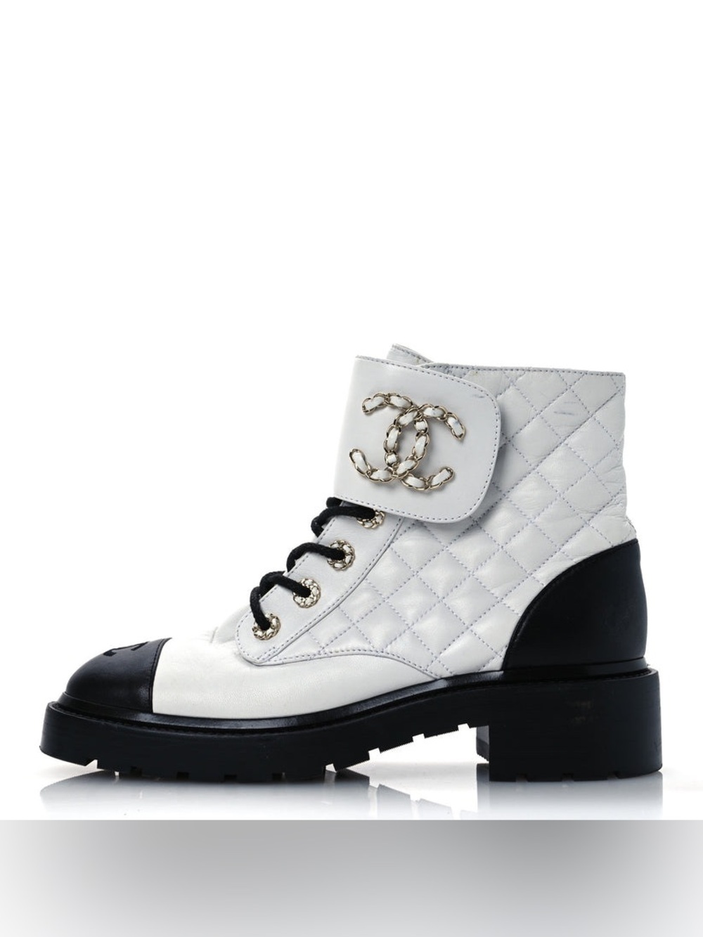 CHANEL White Quilted Leather Lace-Up Ankle Boot with Black Cap Toe and Gold CC